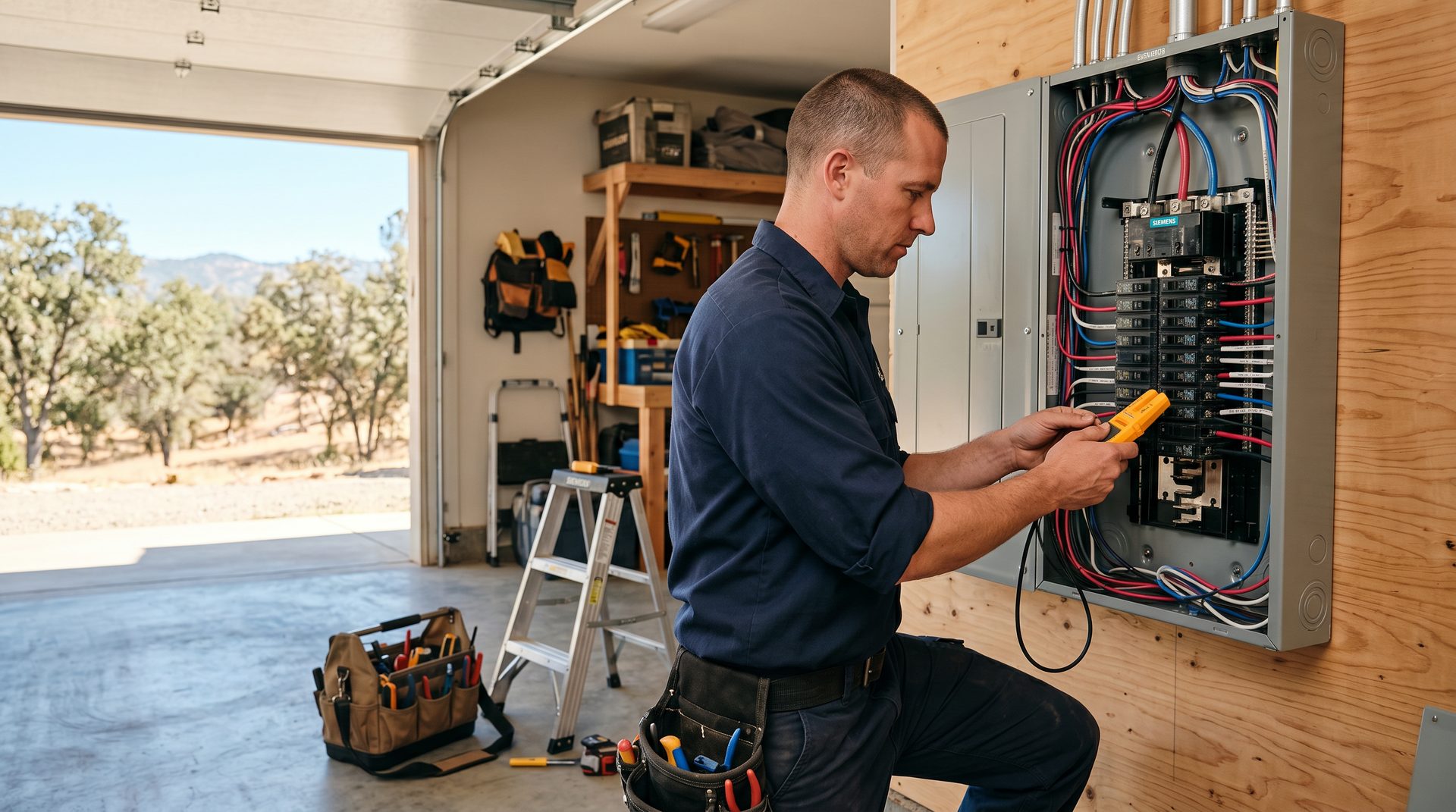 Electrician installing a modern electrical panel in a Mariposa foothill home