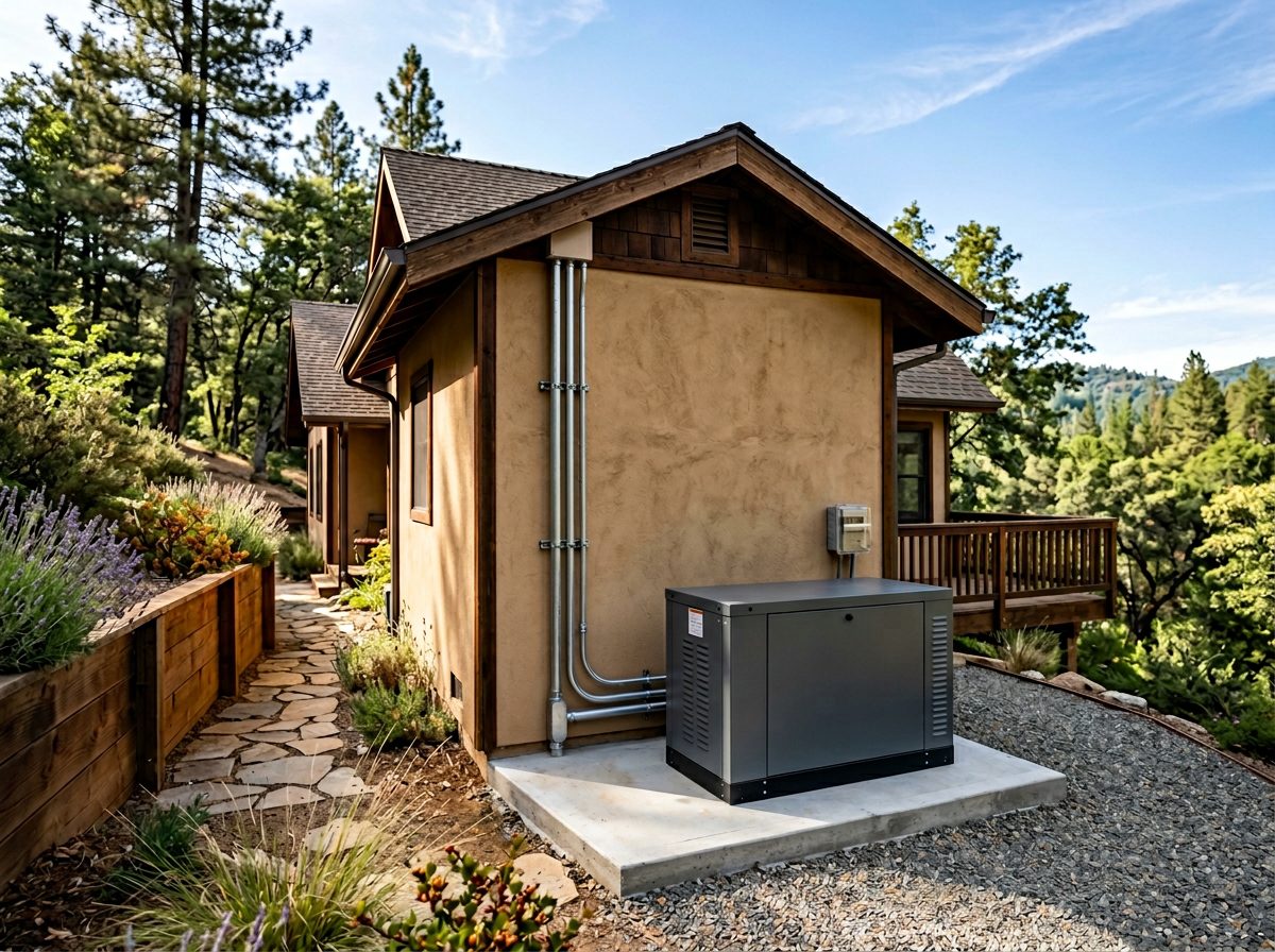 Standby generator installed beside a Mariposa County home by Brentwood Electric